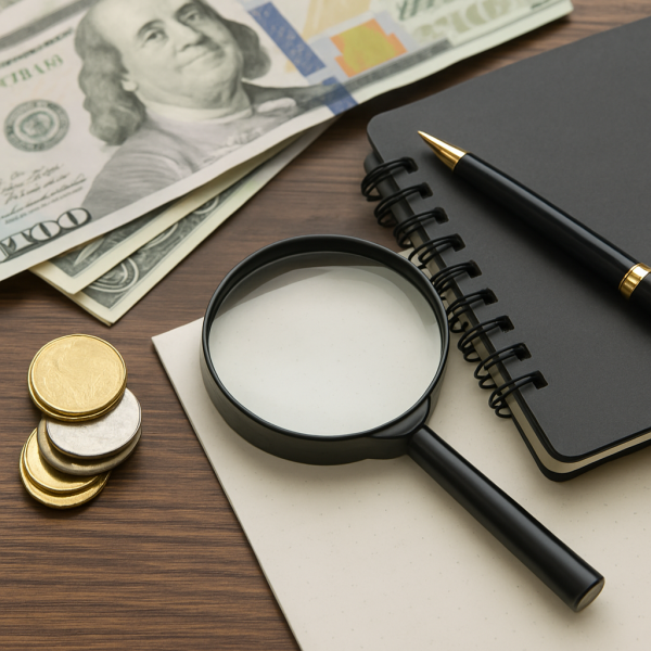 흥신소가격 관련 이미지, 돋보기와 메모지·동전·지폐가 놓인 비용 분석 분위기의 사진